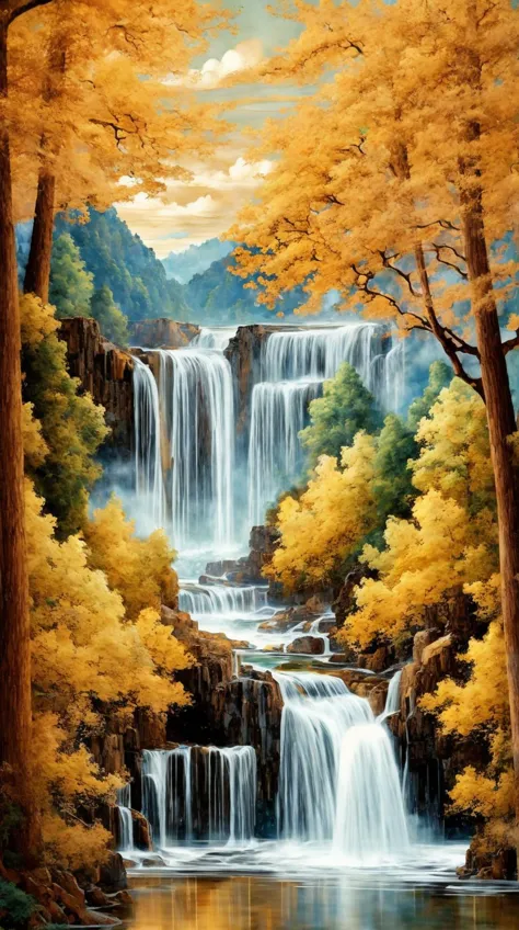 a painting of a waterfall in the woods with trees and water