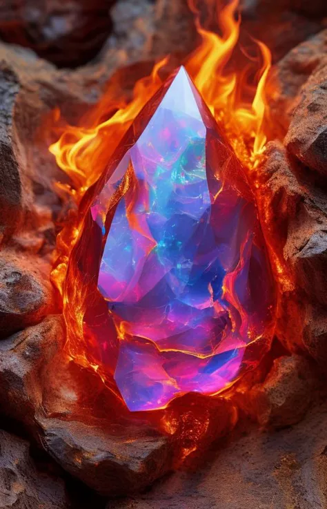 a close up of a fire and a crystal on a rock