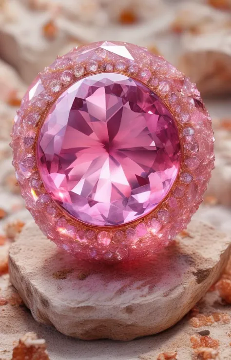 a close up of a pink ring with a diamond on top of a rock