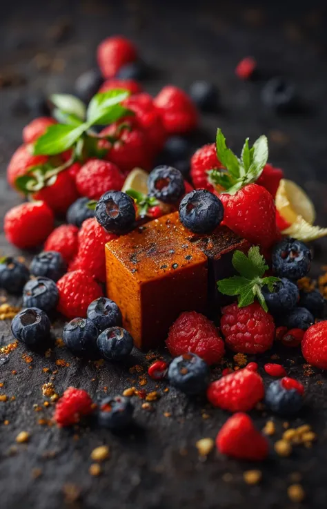 a close up of a square of food with berries and mint leaves