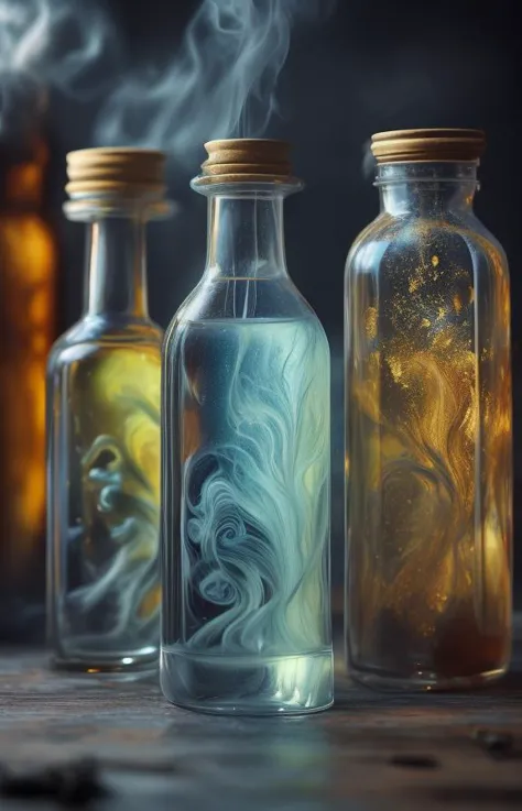 three bottles with liquid and smoke in them on a table