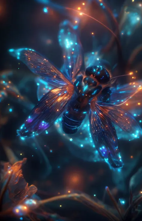 a close up of a blue dragonfly with glowing wings