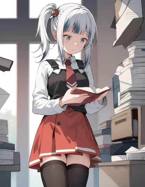 anime girl in a red dress holding a book in a room