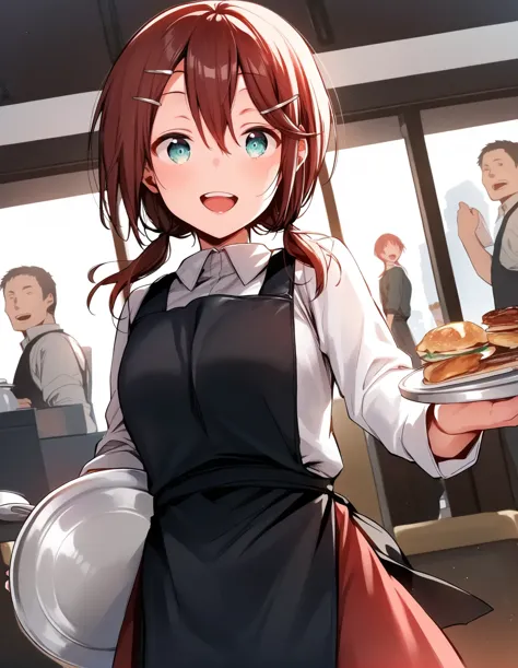 anime girl holding a plate with a hamburger on it