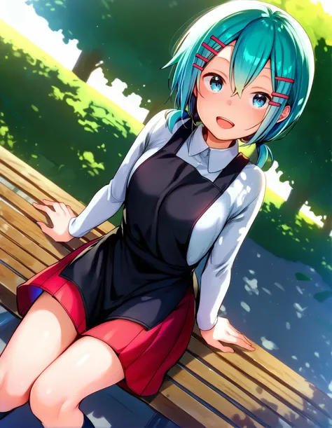 anime girl sitting on a bench with her legs crossed