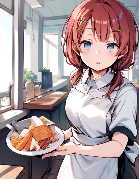 anime girl holding a plate of food in a kitchen