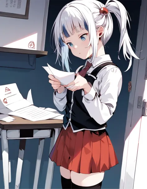 anime girl reading a letter in a classroom with a desk