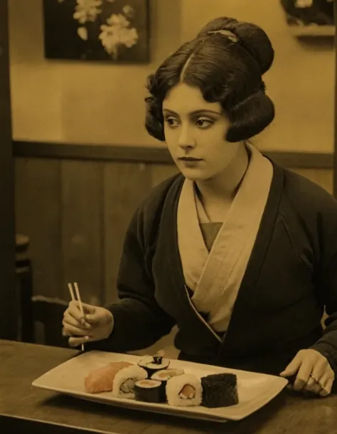 a woman sitting at a table with a plate of sushi