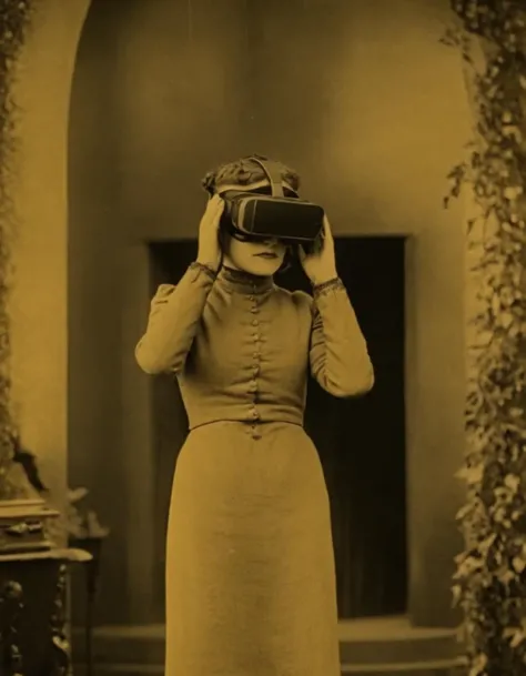 a woman in a dress and hat is holding a virtual device