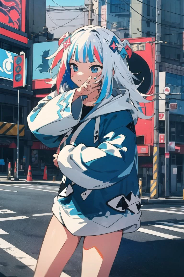 Anime girl with blue hair and white hair standing on the street - SeaArt AI