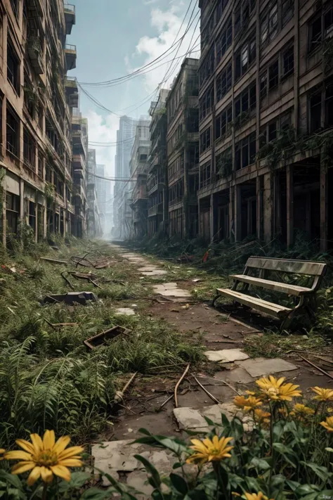 8k, realistic, vray, HDR,  6000K,   in a post-apocalyptic overgrown park, weedy flower beds, bright flowers, rusted playground, dried fountain, mossy benches. <lora:PostApocalyptic_v4:0.6> SZ_4po enviroment
 <lora:add_detail:1.2>