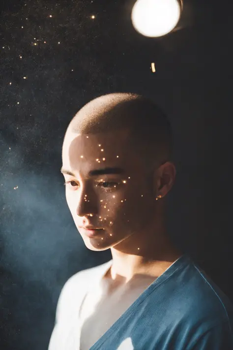 jp_style person,a stunning photograph of a man, Color film photograph, FilmG, 8k, raw photo, (film grain:1.0), (floating dust particle:1.2), award winning photo, 24mm, on focus, spotlight, rim light, in the dark, dimly lit, low key, deep shadow, looking at viewer, (highly detailed skin:1.2), petite athletic body, half shave haircut