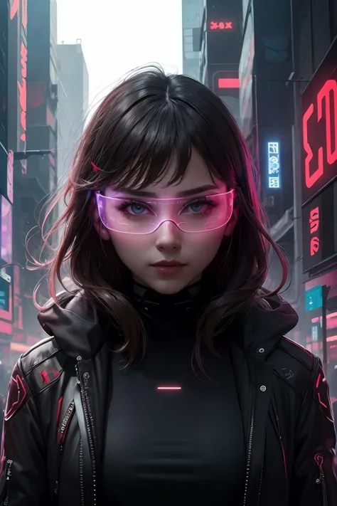 a woman in a black jacket and glasses standing in a city