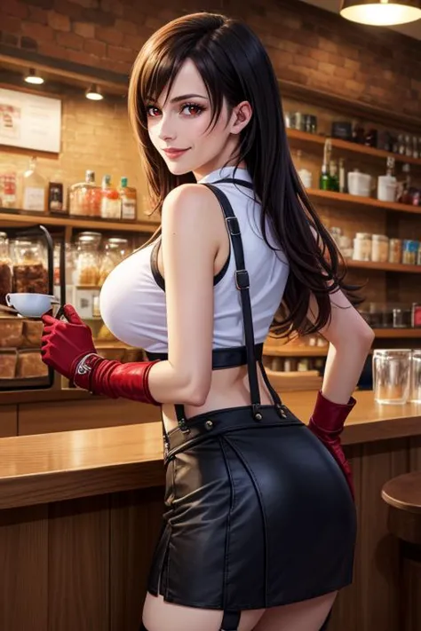 beautiful woman, Tifa Lockheart, large breasts, beautiful detailed face, red eyes, kind smile, in a cafe, behind the counter, best quality, extremely detailed <lora:tifalockhart-lora-nochekaiser:0.8> upper body, original outfit, whote top, suspenders, black skirt, red combat gloves