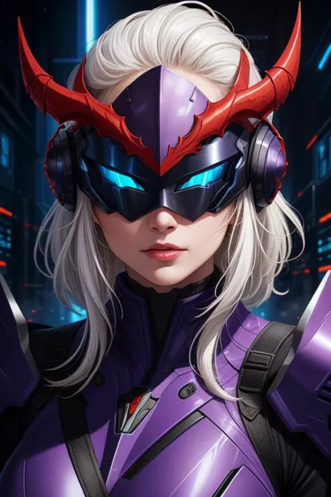 a woman in a purple suit with horns and headphones