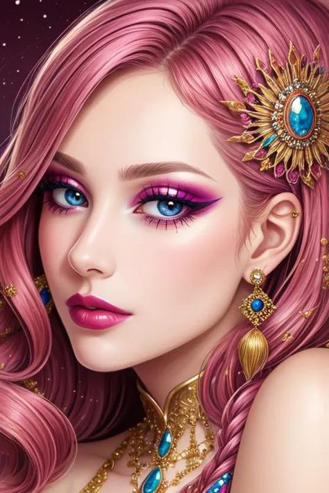 a woman with pink hair and a gold necklace and earrings