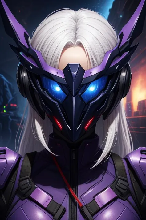 beautiful detailed portrait, beautiful woman, long lush white hair, sci-fi warrior, high-tech purple outfit, (sci-fi helmet, eyes covered up:1.2), sharp angles, metal horns, menacing, best quality, extemely detailed