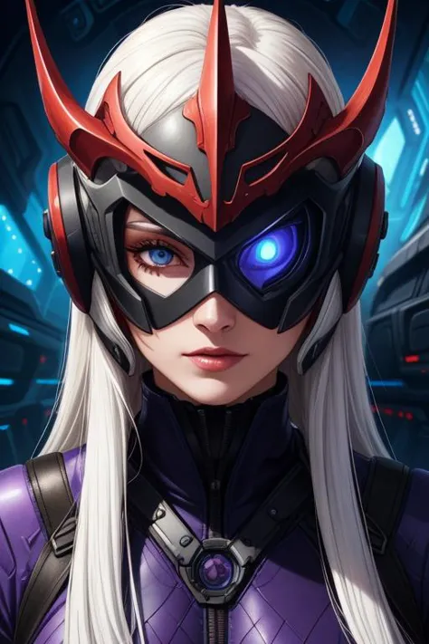 beautiful detailed portrait, beautiful woman, long lush white hair, sci-fi warrior, high-tech purple outfit, (sci-fi helmet, eyes covered up:1.2), sharp angles, metal horns, menacing, best quality, extemely detailed