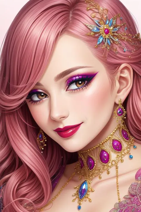 a woman with pink hair and purple makeup wearing a tia