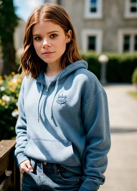 a close up of a woman in a blue hoodie standing on a wooden bench