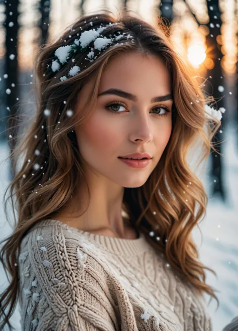 a woman in a sweater and headband standing in the snow