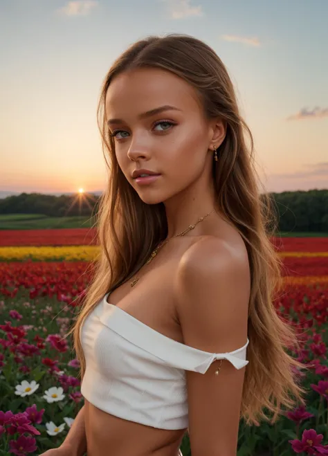 a woman in a white top standing in a field of flowers