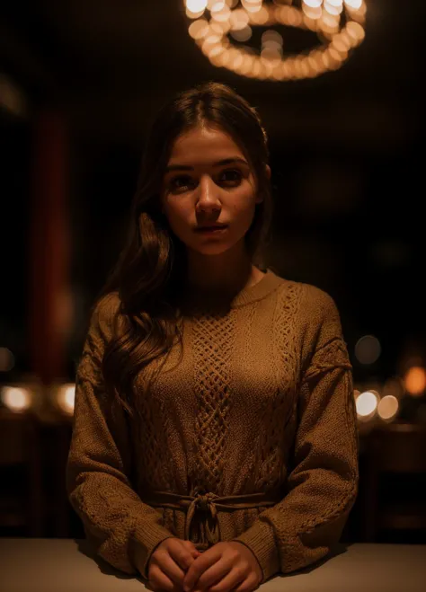 1girl, in a dimly lit restaurant, long sleeve winter dress, low light,  (8k, RAW photo, best quality, depth of field, ultra high res:1.2), (intricate, photorealistic, masterpiece, ultra-detailed), dynamic lighting