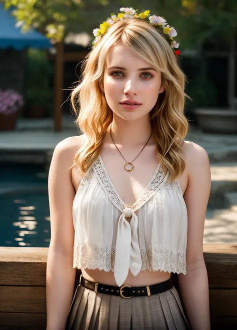 a close up of a woman wearing a white top and a flower crown