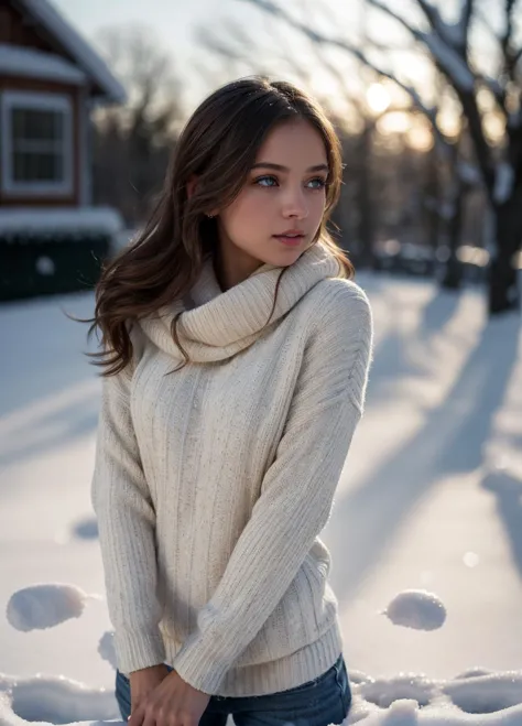 a woman in a sweater and jeans standing in the snow