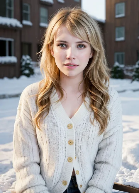 a woman sitting on a bench in the snow wearing a sweater