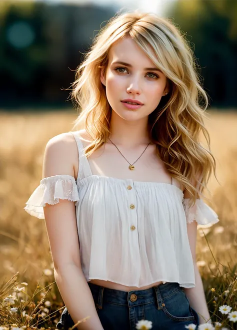 Emma Roberts, 16mm, remarkable color, ultra realistic, analog photo, Beautiful super model,  highly detailed face, seducing eyes, wearing overalls, cropped  off-shoulder tank top,  in a field of grass. Bright sunny day. bokeh, professional, 4k, highly detailed dynamic lighting, photorealistic, intricate details, key visual, vivid colors