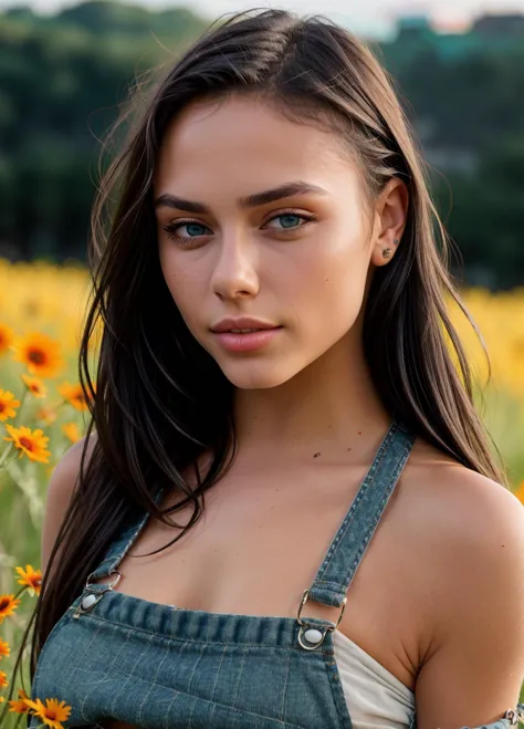 a close up of a woman in a field of flowers