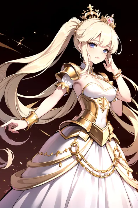 (style-princess:0.9), beautiful girl, 1girl, ((armor)) armor princess, (rich white and gold), ((palace)), slim, (bracelets) masterpiece, high contrast, hyper detailed, best quality, ultra high res, high resolution, detailed,