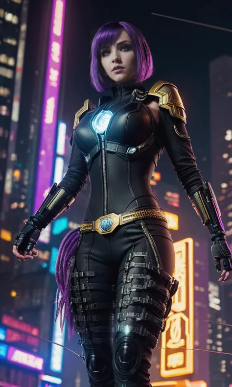 Raven from (Teen Titans) reimagined in a cyberpunk world, cyberpunk (city), low angle, bob haircut (parted to show forehead), glowing purple hair, (golden belt) with (red jewels), (cybernetic arms), cybernetic hands, cybernetic legs, ((cybernetic enhancements)), perfect composition, hyperrealistic, super detailed, 8k, high quality, trending art, trending on artstation, sharp focus, cinematic lighting, intricate details, highly detailed, <lora:bodychainV2:0.5>, <lora:CyberPunkAI:0.3> CyberpunkAI, neon