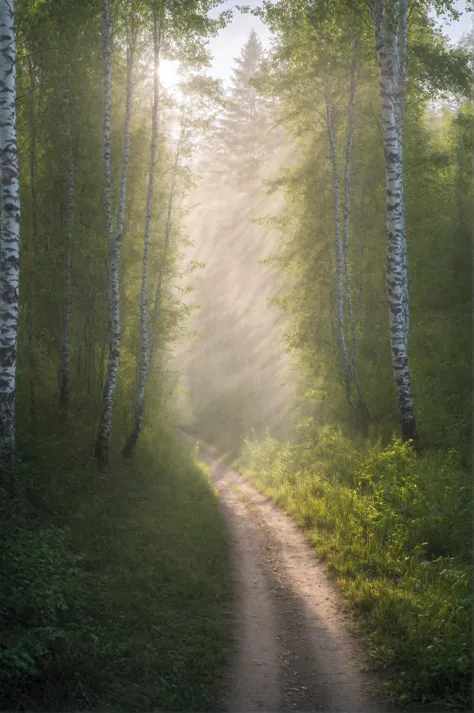 a dirt road surrounded by tall trees in the woods with fog in the air and a trail leading through the birch trees, Andor Basch, volumetric fog, tonalism, insane details, cinematic light, detailed, color grading, sunrise, <lora:Instant_landscaper_XL:0.7>