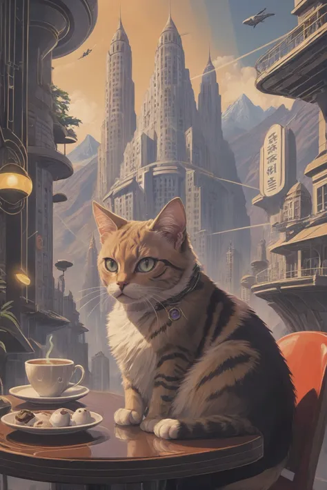 dieselpunk art deco poster
cat cafe in a infinite,far future fantasy mountainside city at the beginning of time, masterpiece<lor...