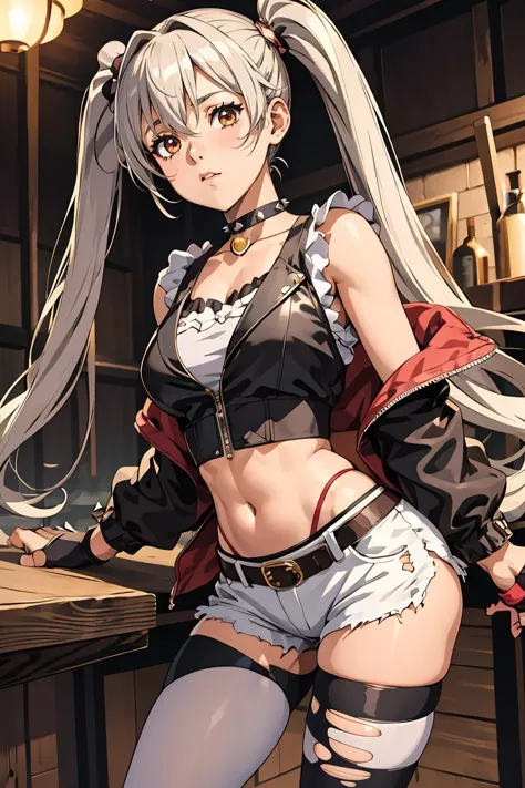 (masterpiece, best quality), 1girl,  <lora:suicidesquadisekai_quinn-10:1> isekaiharley, twintails, two-tone jacket, crop top, short shorts, torn pantyhose, fingerless gloves, choker, spiked bracelet