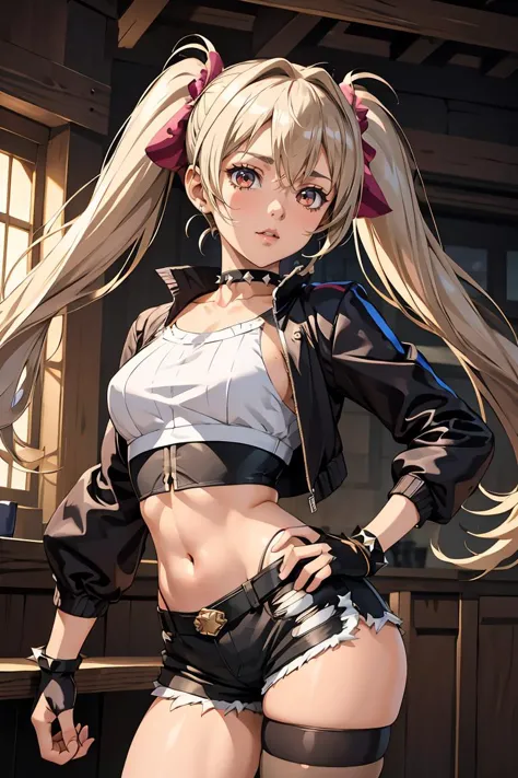 (masterpiece, best quality), 1girl,  <lora:suicidesquadisekai_quinn-10:1> isekaiharley, twintails, two-tone jacket, crop top, sh...