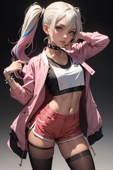 (masterpiece, best quality), 1girl,  <lora:suicidesquadisekai_quinn-10:1> isekaiharley, twintails, two-tone jacket, crop top, sh...