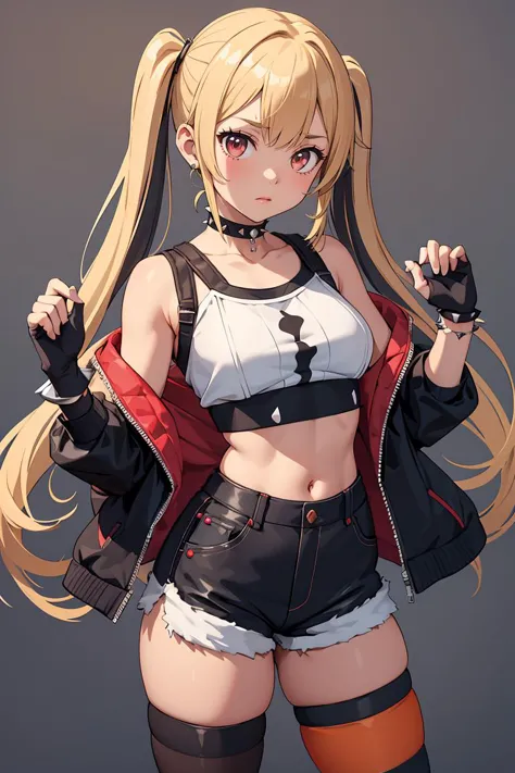 (masterpiece, best quality), 1girl,  <lora:suicidesquadisekai_quinn-10:1> isekaiharley, twintails, two-tone jacket, crop top, sh...