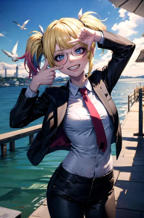 (masterpiece, best quality, detailed), 1girl, solo, looking at viewer, isekaiharley, twintails, multicolored hair, blonde hair, blue hair, pink hair,
pant suit, suit, formal, black suit, black pants, necktie, white shirt, sunglasses, pier, dock, boat, harbor, water, lighthouse, seagull, fisheye, finger frame, grin