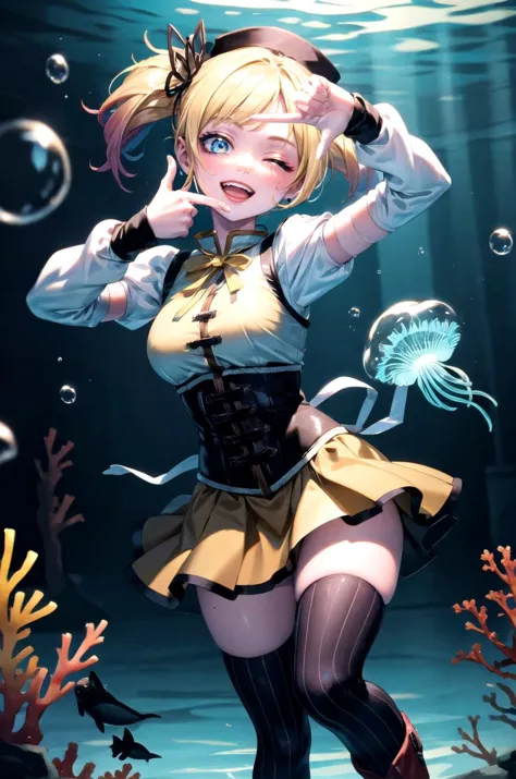 (masterpiece, best quality, detailed), 1girl, solo, looking at viewer, isekaiharley, twintails, multicolored hair, blonde hair, blue hair, pink hair,
mami outfit, indoors, aquarium, fish, bubble, scenery, jellyfish, coral, blue theme, finger frame, smile, open mouth, one eye closed