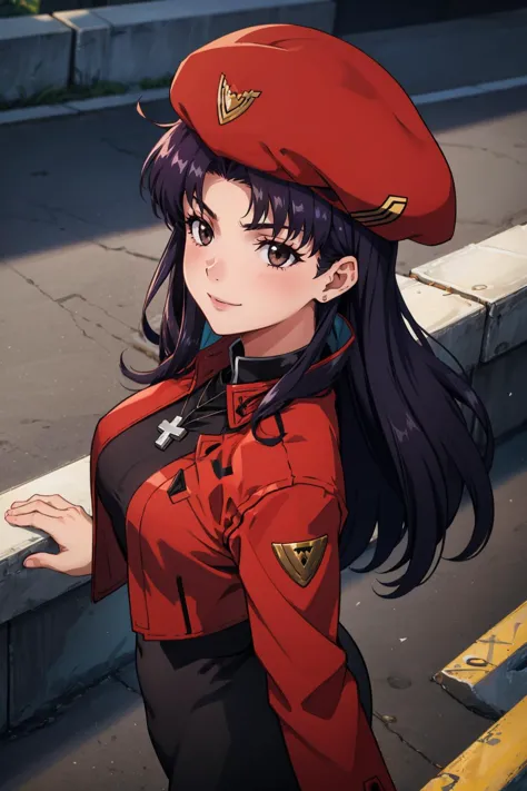 masterpiece, best quality, <lora:misato-nvwls-v1:0.9> misato, black eyes, parted bangs, long hair, earrings, cross necklace, ber...