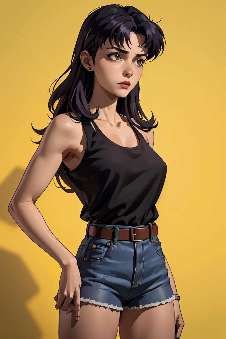 (masterpiece, best quality), 1girl,  misato, black eyes, parted bangs, long hair, earrings, yellow tank top, belt, denim shorts