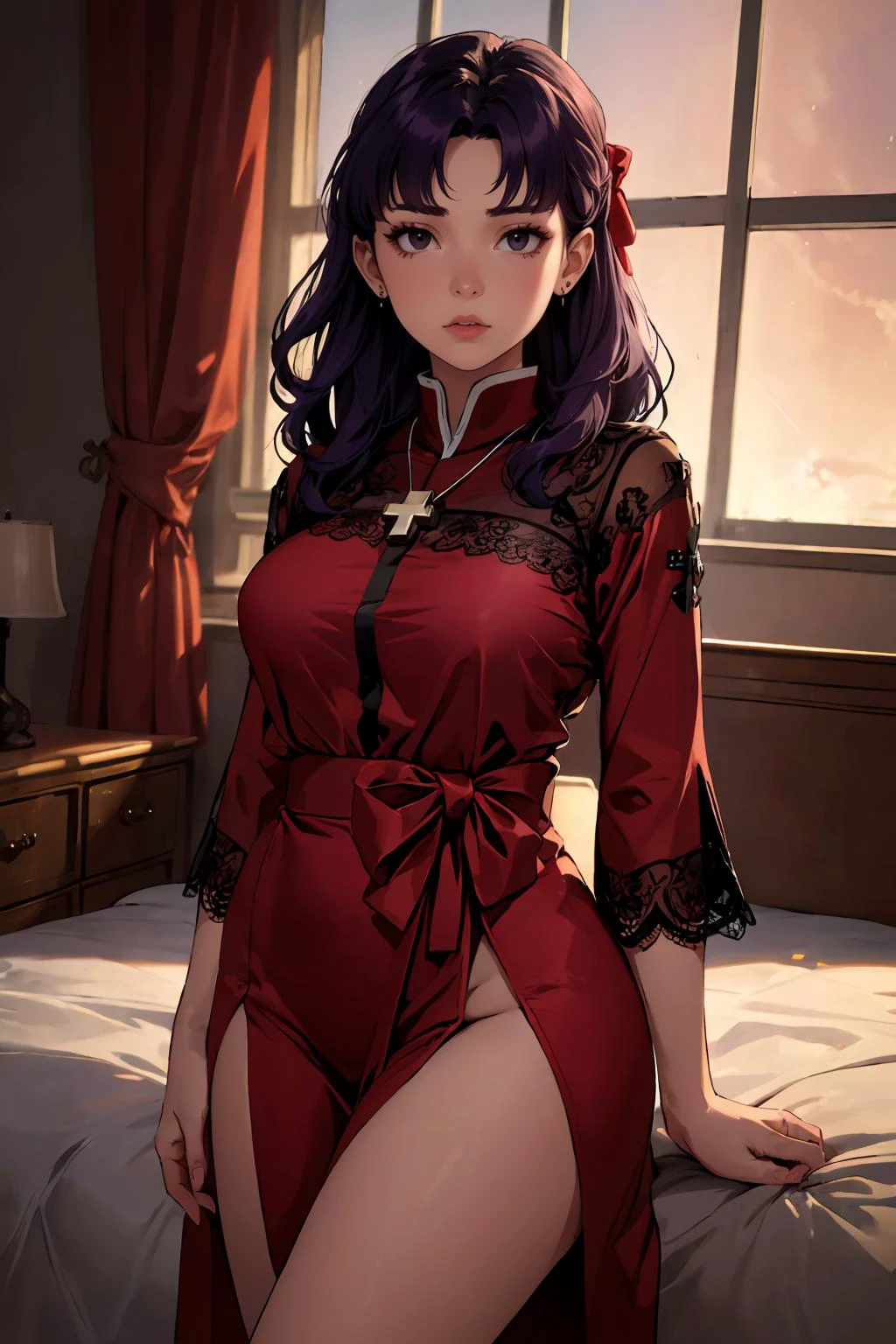 (masterpiece, best quality, highres, high resolution:1.2), extremely detailed, intricate details, 1girl, solo, looking at viewer,  misato, black eyes, parted bangs, long hair, purple hair, earrings, cross necklace, edgWrap, edgTemptation, lingerie, red lace ribbon robe, bow knot, wrapped in ribbon, apartment, (cinematic lighting, bloom, volumetric),