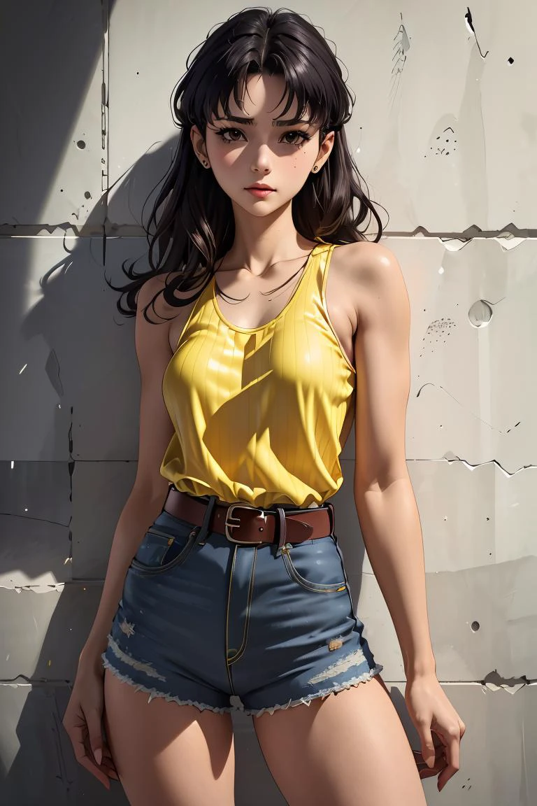 (masterpiece, best quality), 1girl,  misato, black eyes, parted bangs, long hair, earrings, yellow tank top, belt, denim shorts