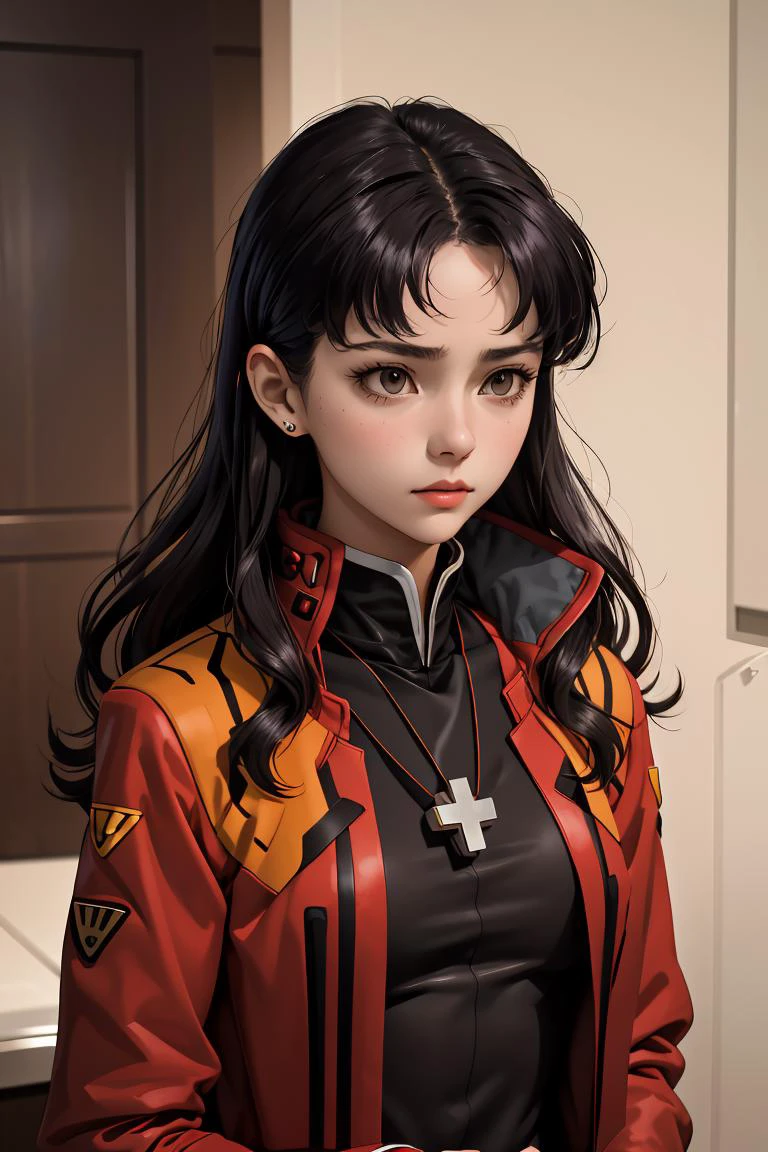 (masterpiece, best quality), 1girl, misato, black eyes, parted bangs, long hair, earrings, cross necklace, red jacket, long sleeves, black dress