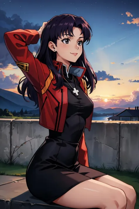 masterpiece, best quality, <lora:misato-nvwls-v1-000010:0.9> misato, black eyes, parted bangs, long hair, earrings, cross necklace, red jacket, long sleeves, black dress, large breasts, arms behind head, looking up, clouds, sky, night, smile, sitting, from side