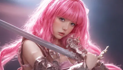 1girl,  holding sword, armor, holding weapon, with pink hair and a pink wig, stripped dress, covering mouth, (8k, masterpiece, best quality, ultra-detailed),  (an extremely delicate and beautiful)kawaii, cute, very big eyes, Aesthetic Anime Eyes, small face,  large breasts, cinematic lighting, , Intricate, High Detail, Sharp focus, dramatic,   masterpiece, best quality, ultra-detailed,, very thin waist,  breasts, cleavage, slim body,