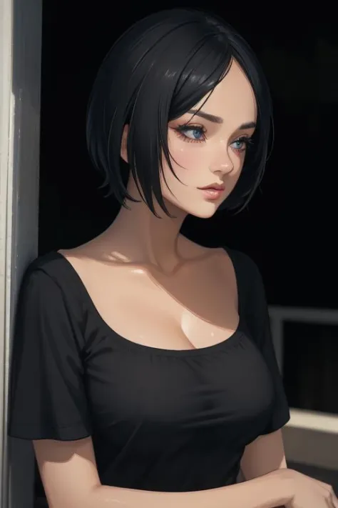 <lora:Alize Jacotey:0.9>,woman,Francia, short hair,black hair,t-shirt ,realistic, masterpiece, best quality,detailed human face, detailed human skin texture, ultra-detailed human body,cinematic light,ultra quality, sharp focus, tack sharp, dof, film grain,